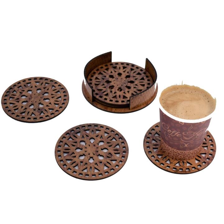 Beautiful Textured Laser Cut Tea Coffee and Glass Coaster / Mat Set for Kitchen Home and Office - Wooden Brown Coaster