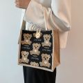Women Cute Bear Pattern Shoulder Bags Flax Girl Student Handbag Outdoor Handbags Casual Lunch Bag Underarm Bolsos Lonchera Sac. 