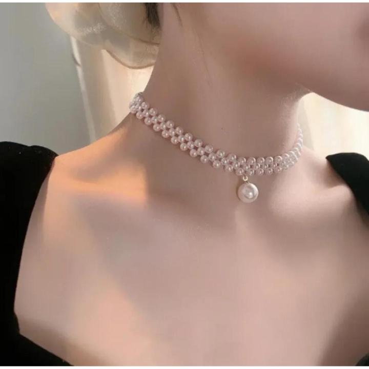 Handmade Pearl Weaving Necklace Simulated White Pendant with Chain Romantic Wedding Party Vintage Jewelry for Women and Girls