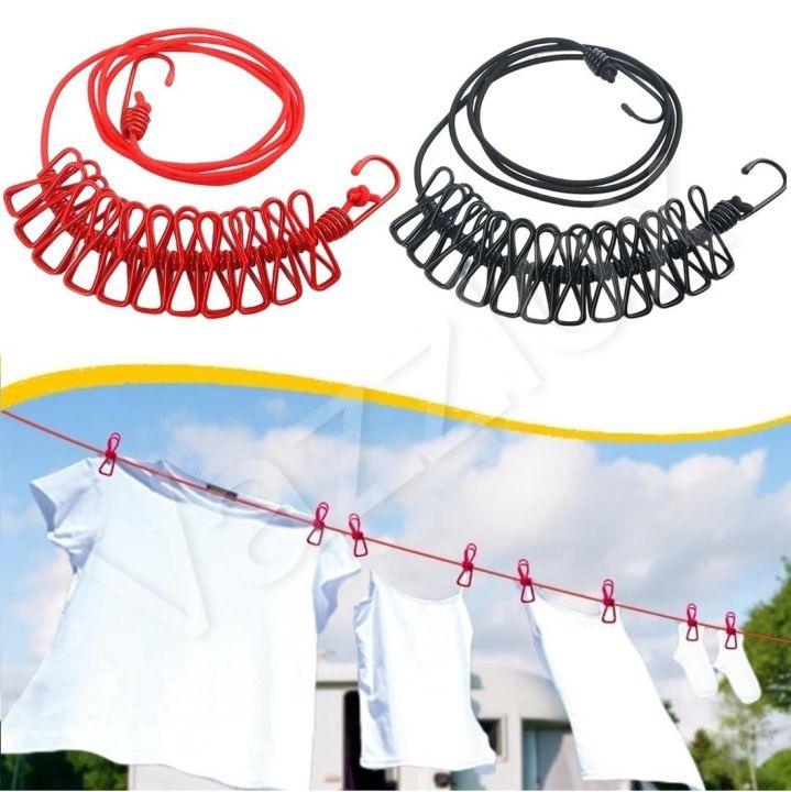 Multi Functional Portable Drying Rope with 12 Clips and 2 Hooks, Travel Clothesline Rope Clothes Hanging Hook, Adjustable
