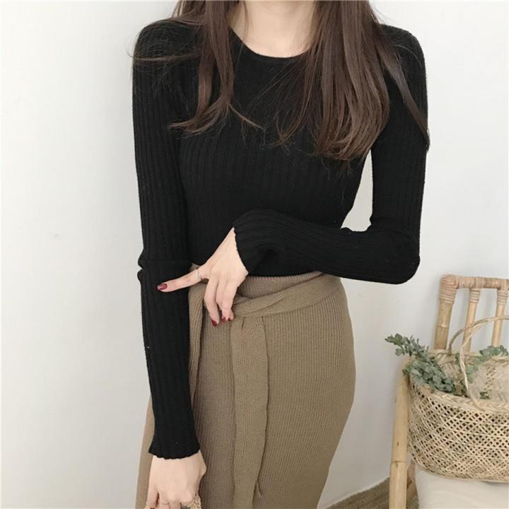 Women Clothing Long Sleeved Knitted T-shirt Round Neck Tops Tight Fit High Elastic Sweater hot sell