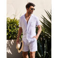 Yfashion Men Linen Shirt Shorts Set Summer Loose Casual Short Sleeve Lapel Cardigan Tops Shorts Suit color. 