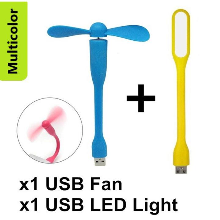 Combo 1+1 Offer Portable & Flexible Mini USB Fan + USB LED Light Lamp For Mobile OTG Power Bank Notebook Laptop Desktop PC Desk (Multicolor)