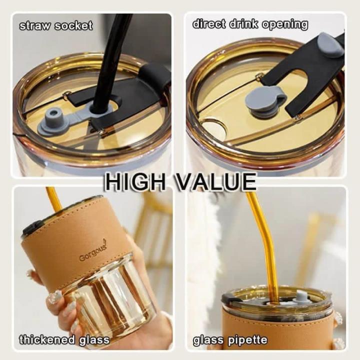 INSPIRA HOME Glass Tumbler Travel Cold Coffee Shaker with Spill Proof Clear Lid and Straw| Hot Breakfast Tea Cup| Milk Shake Mug | Adult Juice Bottle for Car, Office(Leather Grip Sleeve Sipper)