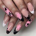 y2k Nails 24pcs Nails Black Pink Color French Press Nail Tips with Five-pointed Star Pattern Artificial Nail Tips for Girls. 