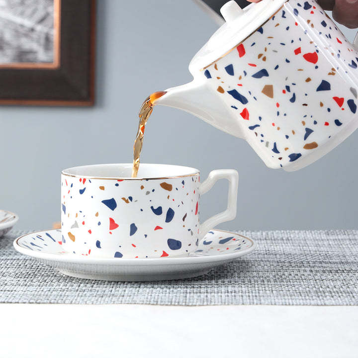 Ceramic teapot and cup set - teapot set for 2 persons - 5 pcs tea cup and kettle set with saucer Spotty Speckled Design