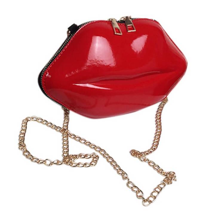 OIMG Women Red Lips Clutch Bag Ladies Pu Leather Chain Shoulder Bag Bolsa Evening Bag Lips Shape Purse