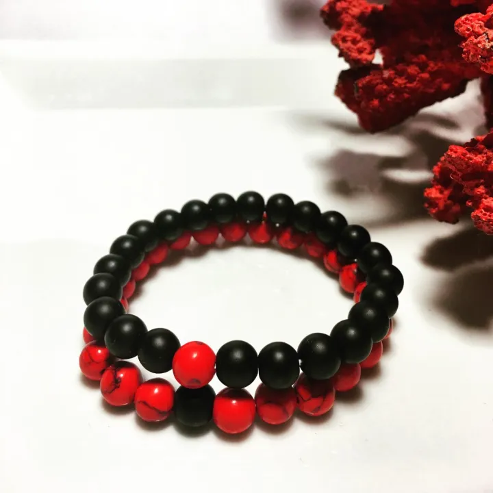 1%20Pair%202Pcs/Set%20Couples%20Classic%20Red%20And%20Black%20Bracelet%208MM%20Natural%20Stone%20Bracelets%20Gift%20-%20Image%204