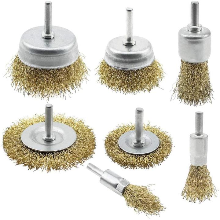 Wire Brush Wheel Cup Brush Set 7 Piece, Wire Brush for Drill 1/4 Inch Arbor Coarse Brass Coated Crimped Wire Wheel