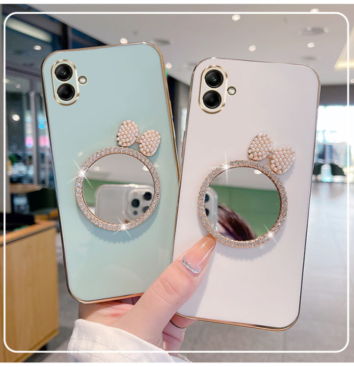 For Samsung Galaxy A05 / A05s Back Cover with Bowknot Mirror Luxury 6D Plating Square Bumper Girls Makeup Phone Case Shiny Soft Silicone Full Camera Protection Cases Pouch