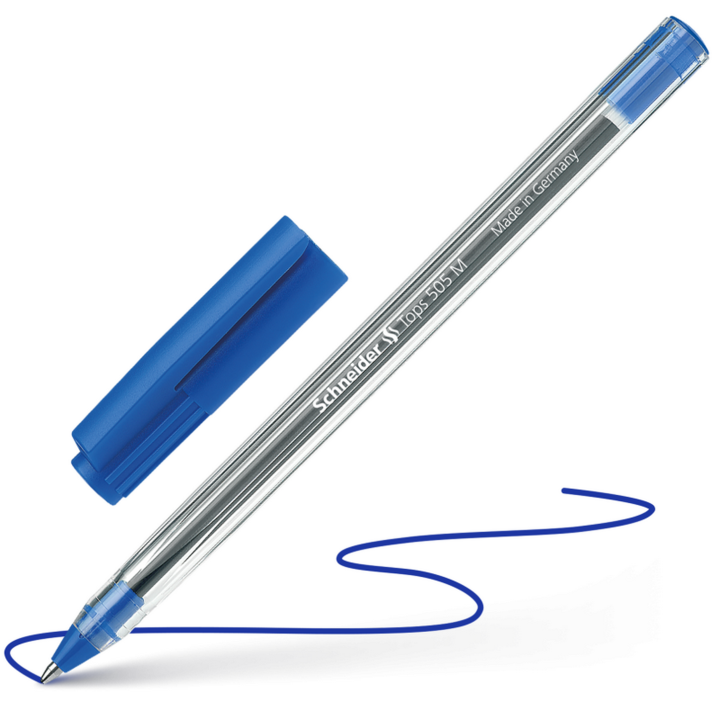 Schneider Tops 505 M (6 Pcs/Pack) Premium Ballpoint Pen with Clip Cap - Medium Line Width (0.5 mm) | Transparent Barrel for Ink Level Visibility | Stainless Steel Tip | Smudge-Free Writing | Schneider Pen | Schneider 505M | Ball Pen