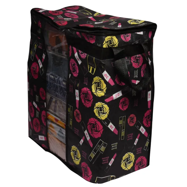 Clothes%20Storage%20Bag%20Rose%20Flower%20Design%2018%20x%2027%20Inch%20Non%20Woven%20Water%20Proof%20Material%20Handle%20Style%20Bag%20Black%20-%20Image%203