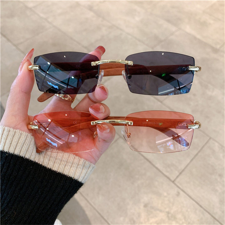 Rimless Sunglasses Rectangle Fashion Popular Women Men Shades Small Square SunGlasses For Female Retro Vintage Trendy Wooden Frame Glasses