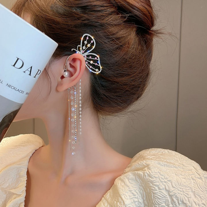 New 1PC Trendy Long Butterfly Clip Earring Ear Hook Pearl Ear Clip Without Pierced Ear Chain Earring Women Girl Jewelry