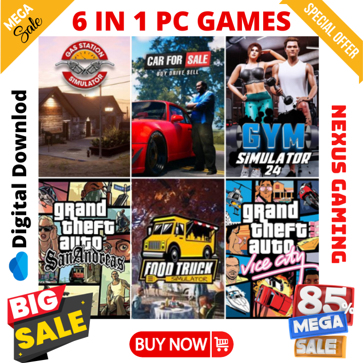 All-in-One Gaming Extravaganza: 6 Thrilling PC and Laptop Games in a Single Package GTA Vice City, Car For Sale Simulator, Gym Simulator 24, Food Truck Simulator, Gas Station Simulator, and GTA San Andreas