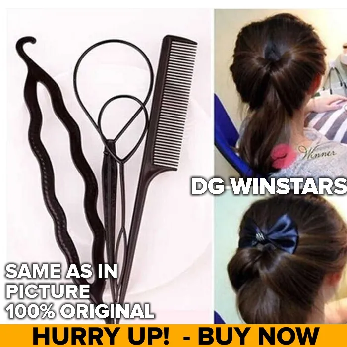4%20Pcs%20Set%20Styling%20Clip%20Bun%20Maker%20+%20Hair%20Twist%20Braid%20Ponytail%20Tool%20With%20Rat%20Tail%20Comb%20Tool%20Makes%20stylish%20hair%20Volumes%20Up%20Hair%20-%20Image%202