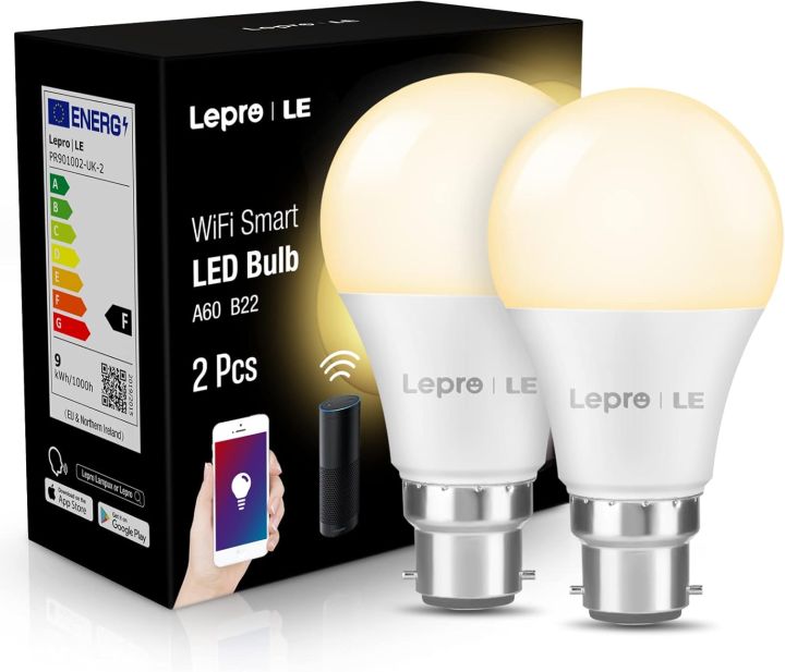 LED Smart Bulb, B22 Smart Light Bulb Bayonet, Works with Aléxa and Gòógle Home, Dimmable App and Voice Control WiFi LED Bulbs, 9W = 60W, 806lm, Warm White 2700K, No Hub Required, Pack of 2