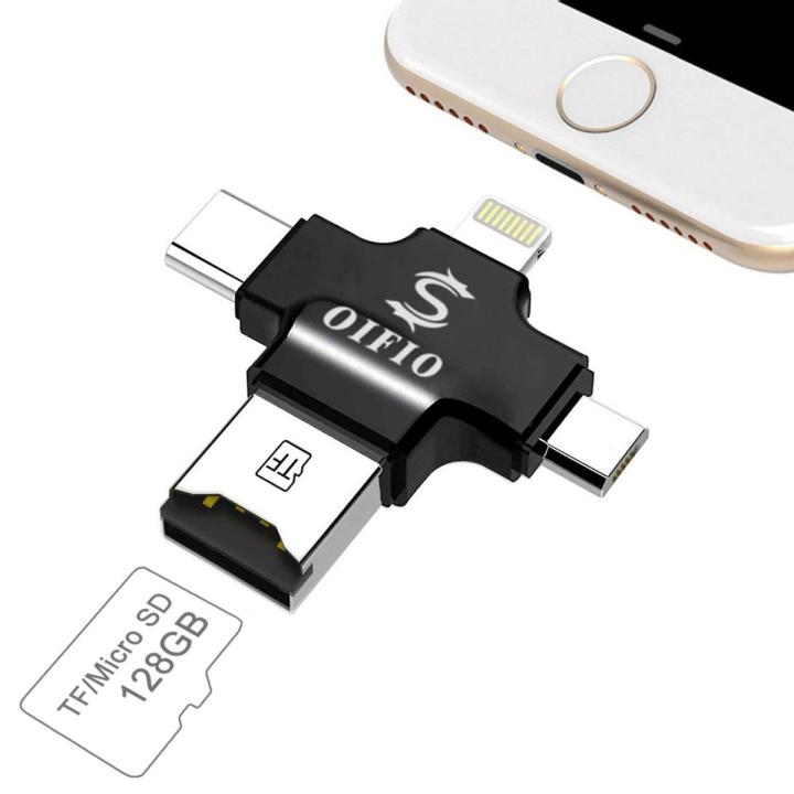Multiple USB Card Reader, 4 in 1 Micro SD Card Reader with Type C USB Connector OTG HUB Adapter, Lightning connector, TF Flash Memory Card Readers For  iOS, Android USB2.0, Windows Black