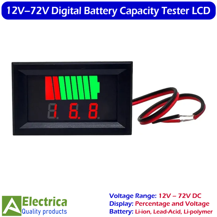 Universal 12V–72V Battery Capacity Indicator with LED Voltmeter for Cars, Motorcycles, E-Bikes, Solar Systems – 12V 24V 36V 48V 60V 72V by Electrica