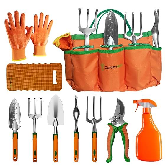 Germany lot Garden tools kit GardenWerx Gardening Tools -10 PCS Stainless Steel Heavy Duty Garden Tool Set, Non-Slip Ergonomic Handle Durable Storage Tote Bag Indoors & Outdoors - Gardening Gifts for Women and Men - Orange/Green