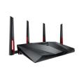 AC3100 Dual Band Gigabit WiFi Gaming Router with MU-MIMO, supporting AiProtection network security by Trend Micro, AiMesh for mesh WiFi system, and WTFast game accelerator. 