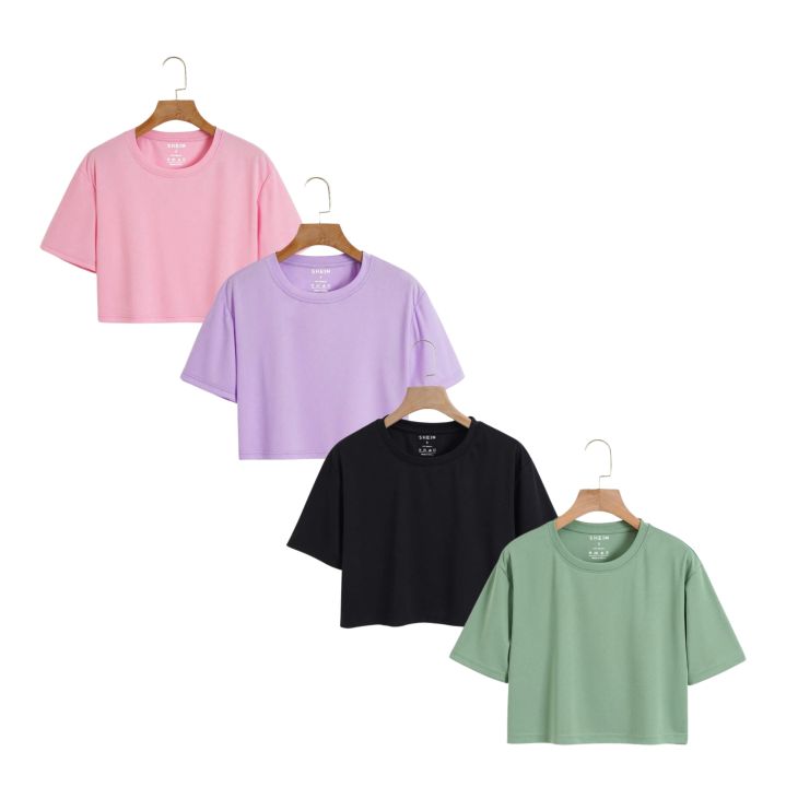 Pack of 4 Premium Quality Plan Crop T Shirt Crew Neck Half Sleeves Crop Top for Girls Crop Top for Women Crop Top for Ladies