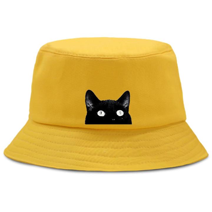 Big Eyes Cat Black Cartoon Printing Fashion Men'S Bucket Hat Uni Harajuku Men Fishman Cap Casual Fishing Bob Hats For Women