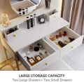 Modern White Gold Makeup Vanity Set with Round Mirror, Cushioned Stool, and 4 Drawers - Dressing Table with Mirror and Tufted Stool, Wooden Dressing, Vanity Table and Stool Set, Dressing Table Dresser Desk. 