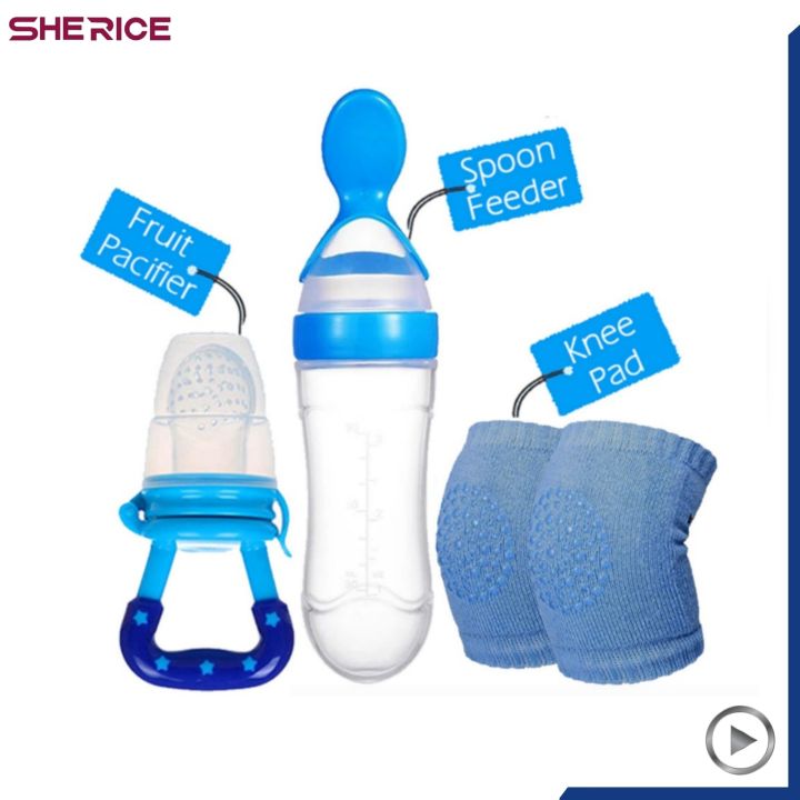 Pack of 3 | Baby Silicone Squeeze Spoon Feeder with Fruit Pacifier and Knee Pads