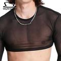Men Solid Color Crop Top Men's Mesh Crop Top for Nightclub Party Performance Slim Fit O Neck Long Sleeve Shirt with Waist-exposure Breathable See-through Design Breathable Men Long Sleeve Top. 