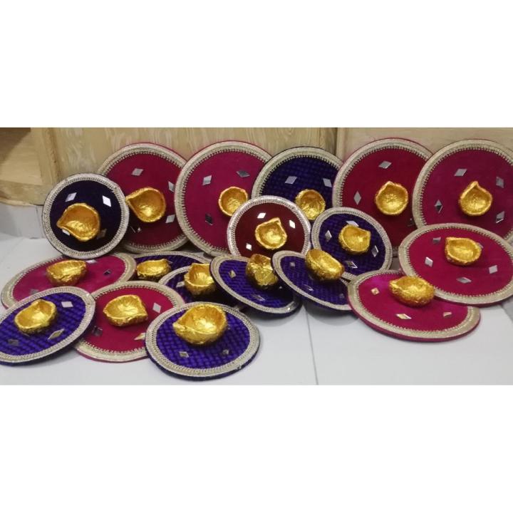 Pack of 3 small Mehndi Plates, Rasam e Hina plates with diya (Multicolour Colour)