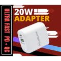 Fast Charge Wall Charger 20W PD (USB C) + QC 3.0 (USB A) white. 