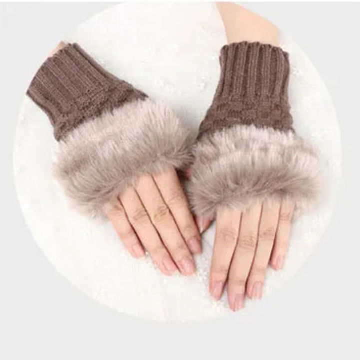 Fashion Women’s Faux Rabbit Fur Wrist Warmer - Winter Fingerless Knitted Gloves