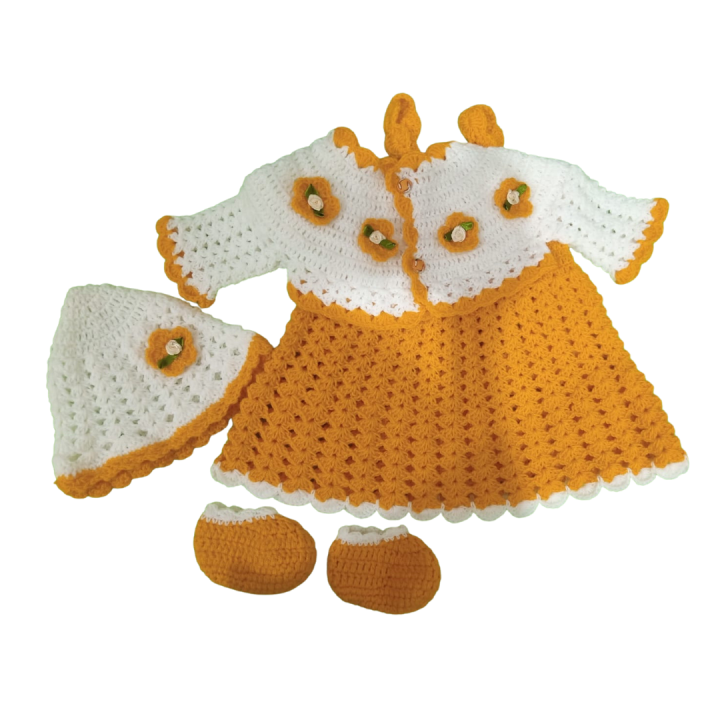 Crochet Handmade Frock for baby girl with Koti, Cap and Shoes