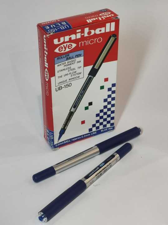Pack of 2 Pens, Uni-Ball Eye Micro, 0.5mm Ball 0.2mm Line, Roller Ball Pen, UB -150, Blue ink, Pigment Ink, Stainless Steel Tip, The Uni-Flow System, Unique Window.