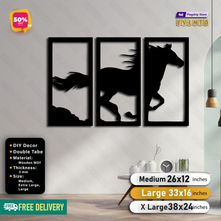 EVENTO Wooden Wall Hanging Decore Panel 3 Frame Horse Scenery 3D DIY Laser Cut Cnc Wall Art Design Decoration For Home Decor Living Room And Offices And For Gifts Item