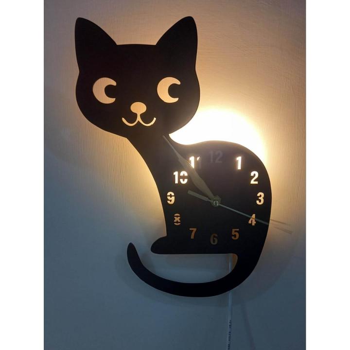 DIY 3D Cute Cat Wall Clock with 24 LED for Living Room, Kids Room, Dining Room, Home Decoration Black