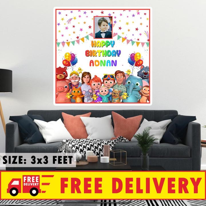 Happy Birthday Party Customized Backdrop Cocomelon Theme Printed On Panaflex Size 3x3 Feet