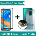 Xiaomi Redmi Note 9 Pro Max Complete Black 9D 5D 10D 11D 6D Tempered Glass Full Glue Edge to Edge Screen Protector Premium Quality + Back Matte Anti-Slip Protector Soft Skin Sheet Film Protection Carbon Fiber For Redmi Note 9 Pro Max  -  Transparent. 