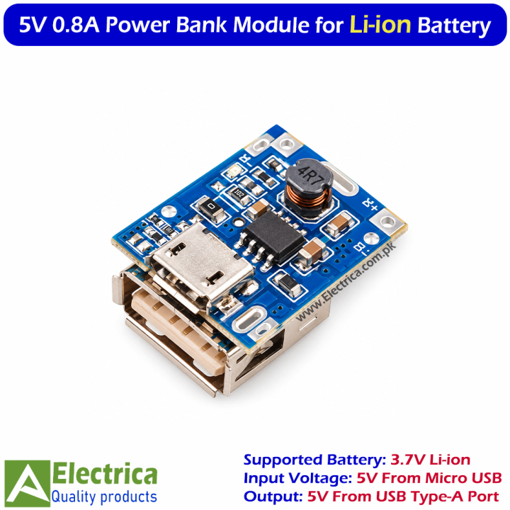 Input Vs Output Power 5V 0.8A Li-ion Power Bank Module 1S 3.7V Battery Charger & Boost ...