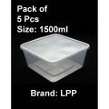 Pack of 5 Pcs - 1500ml Food Container Storage Boxes with Separate Lid- Clear Transparent Plastic. 
