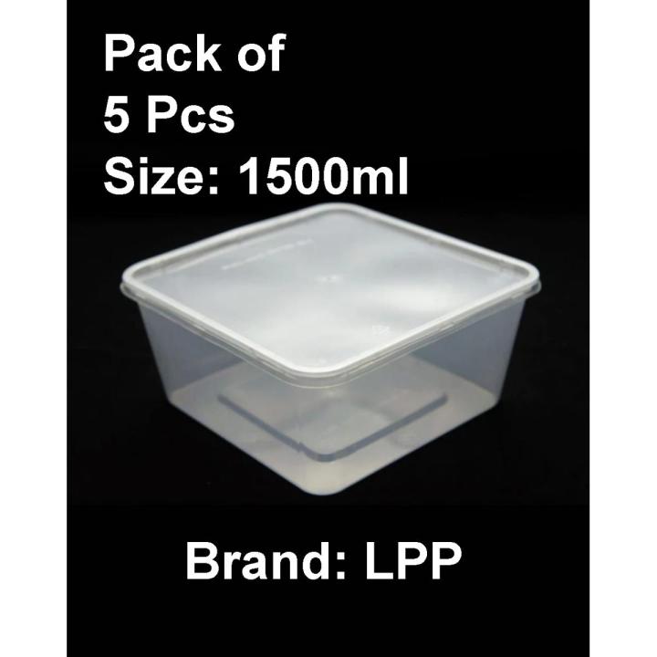 Pack of 5 Pcs - 1500ml Food Container Storage Boxes with Separate Lid- Clear Transparent Plastic