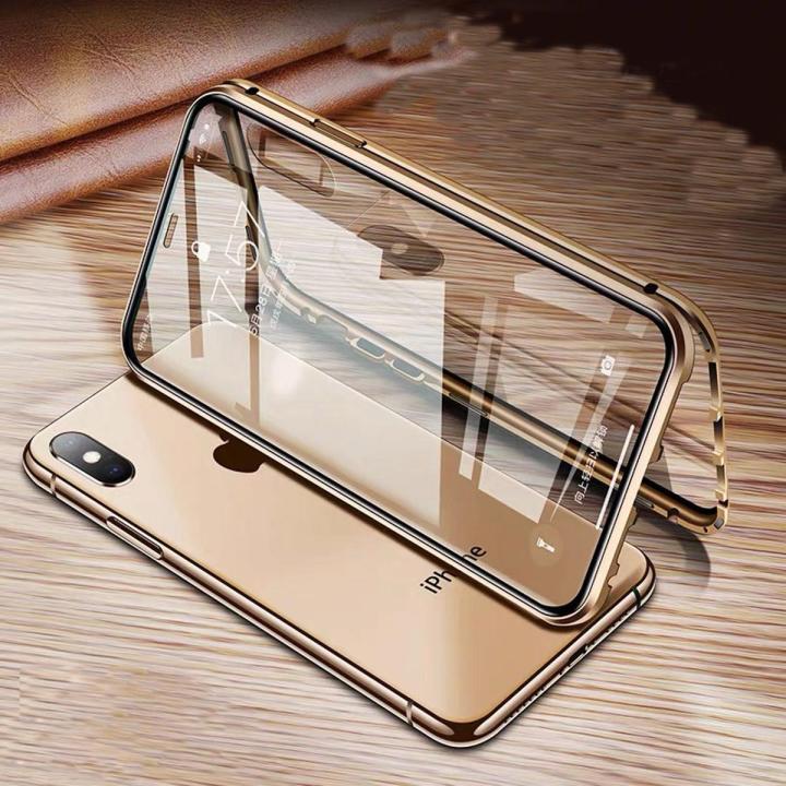 Biruiqu For iPhone X / iPhone XS Magnetic Absorption Case Metal Frame Shockproof Double Sided Tempered Glass Magnetic Case Cover