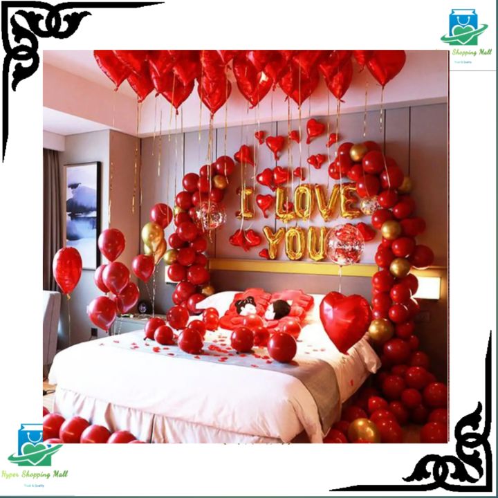 Happy Anniversary Decoration Theme- Including I LOVE YOU foil Balloons, 50 Latex Balloons ( Red, Gold ), 8 Red Hearts Foil Balloons 18", 3 Confetti Balloons Best theme for Anniversary Love
