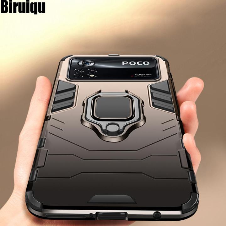 Biruiqu For Xiaomi Pocophone M4 Pro 4G Poco M4 Pro 4G Soft TPU+Hard PC Black Panther Shockproof Slim Protective Case Cover with Kickstand