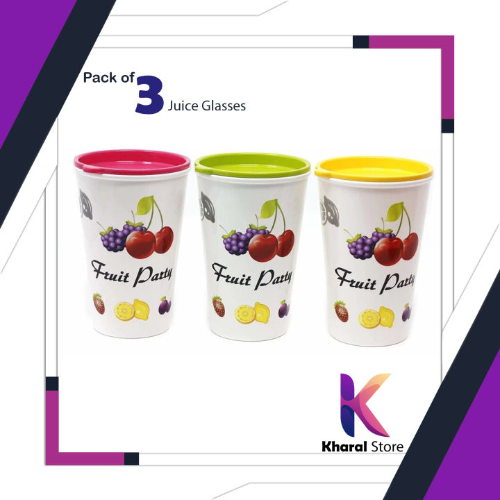 High Quality Pack of 3 Unbreakable Juice Glasses with Lid - 300ML For Water/Juices, Milk & Milkshakes (100 ml, Plastic, Multicolor)
