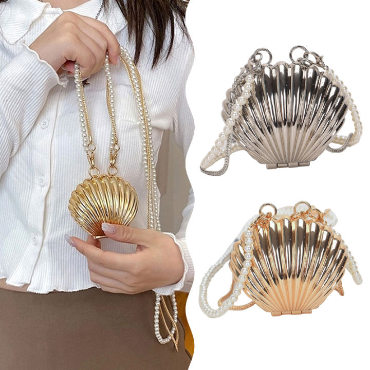 Metal Shell Bag Mini Lipstick Bag Pearl Chain Crossbody Bag Shoulder Bag Handbag Purse Waist Bag Women Makeup Jewelry Bag Eatop
