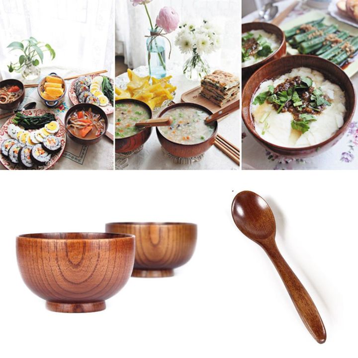 Japanese Style Wooden Bowl Soup Salad Rice Bowls Natural Wood Tableware 