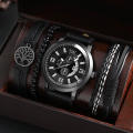 SOKI New Men's Business Alloy 4 pcs Jewelry Set Casual Leather Strap Number Date Quartz Wristwatch Fashion Watch. 