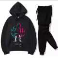 Winter Collection Black Enime Printed Fleece Pullover Kangroo Hoodie And Black Plain Fleece Trouser For Boys & Men. 